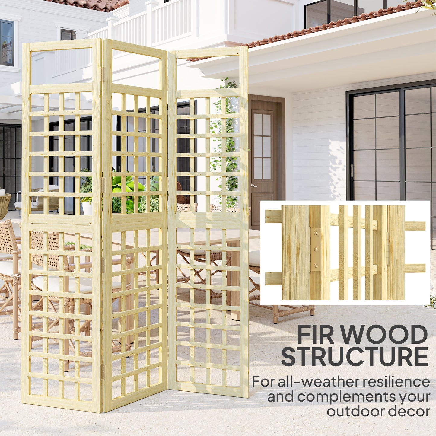 3-Panel Wooden Garden Privacy Screen, Natural Wood Finish