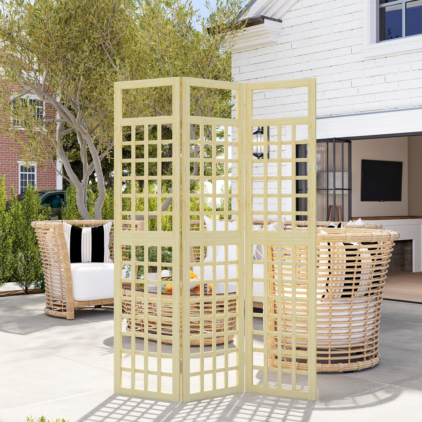3-Panel Wooden Garden Privacy Screen, Natural Wood Finish