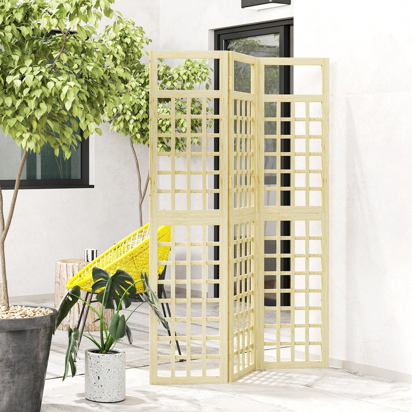 3-Panel Wooden Garden Privacy Screen, Natural Wood Finish