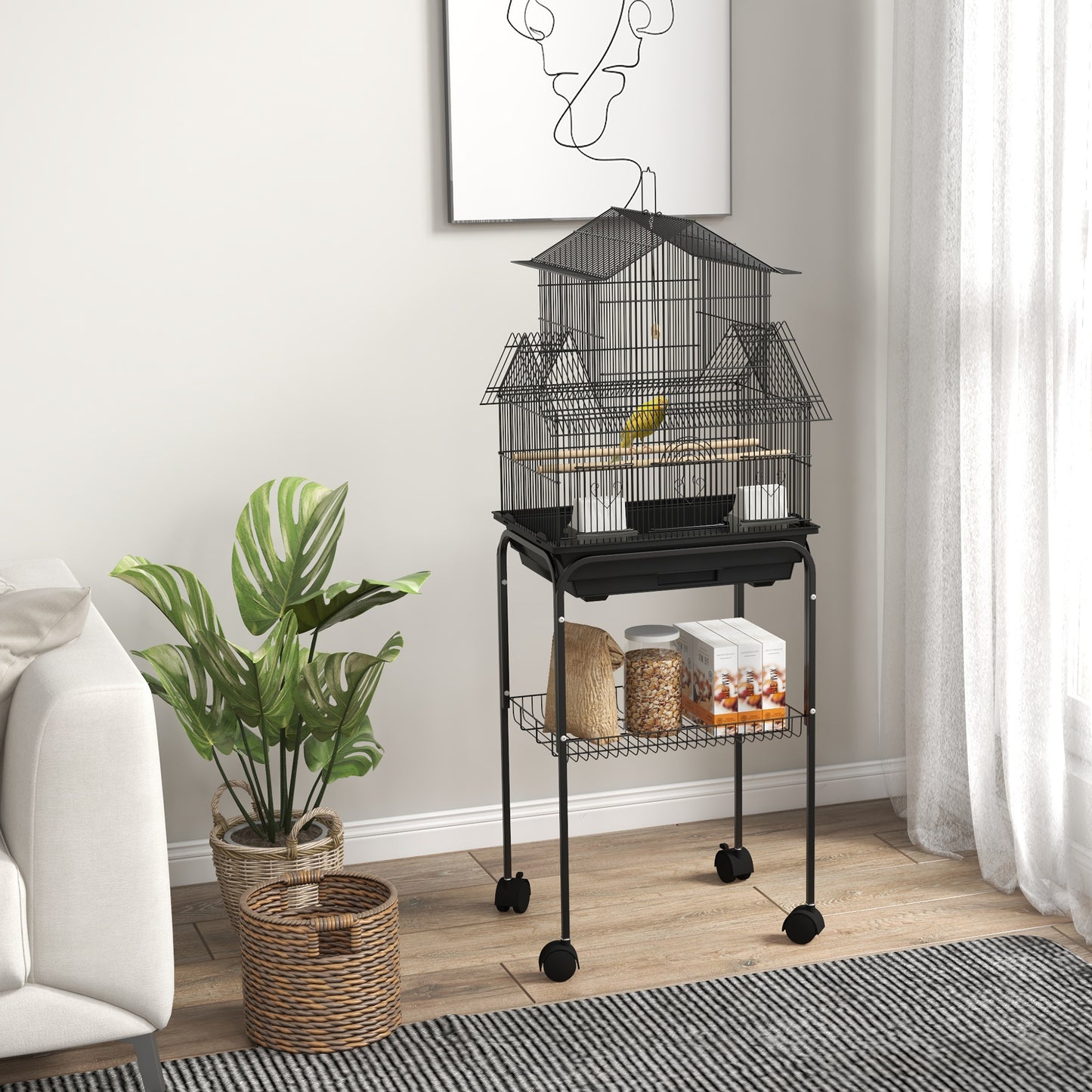 Metal Bird Cage with Plastic Swing Perch Food Container Tray Handle for Finch Canary Budgie 50.5 x 40 x 63cm Black