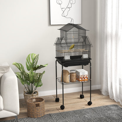 Metal Bird Cage with Plastic Swing Perch Food Container Tray Handle for Finch Canary Budgie 50.5 x 40 x 63cm Black