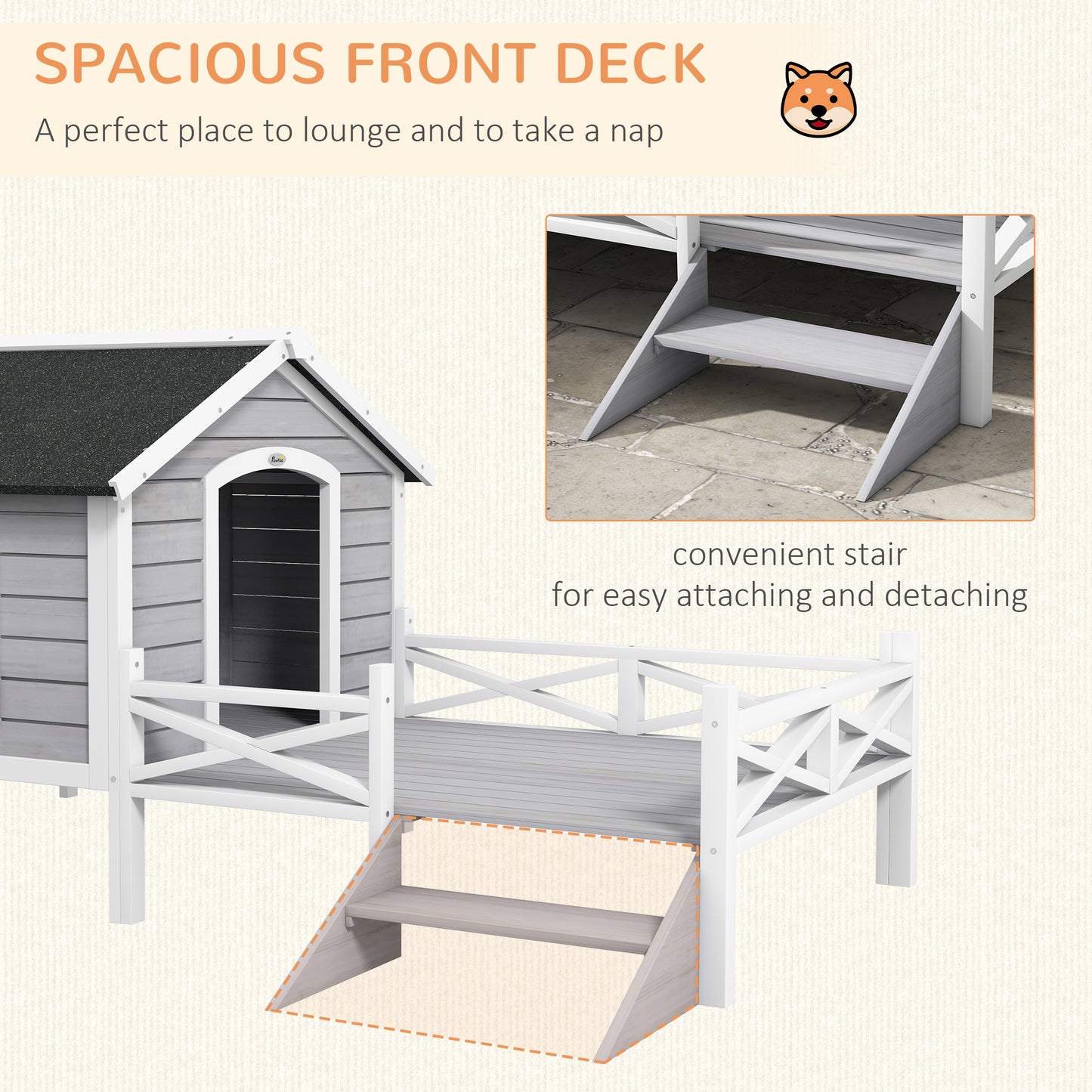 Wooden Dog House w/ Porch, Water-resistant Roof, for S M Dogs, Grey
