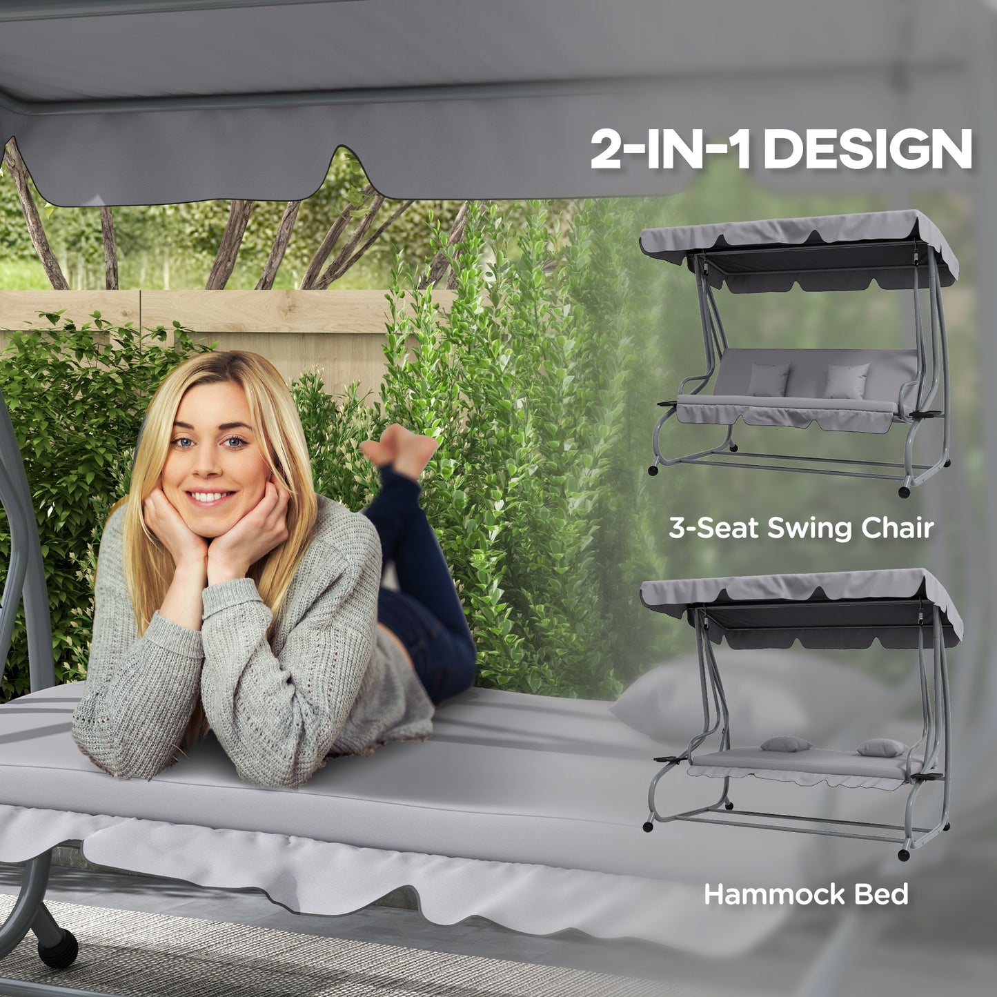 2-in-1 Garden Swing Chair for 3 Person w/ Adjustable Canopy, Grey