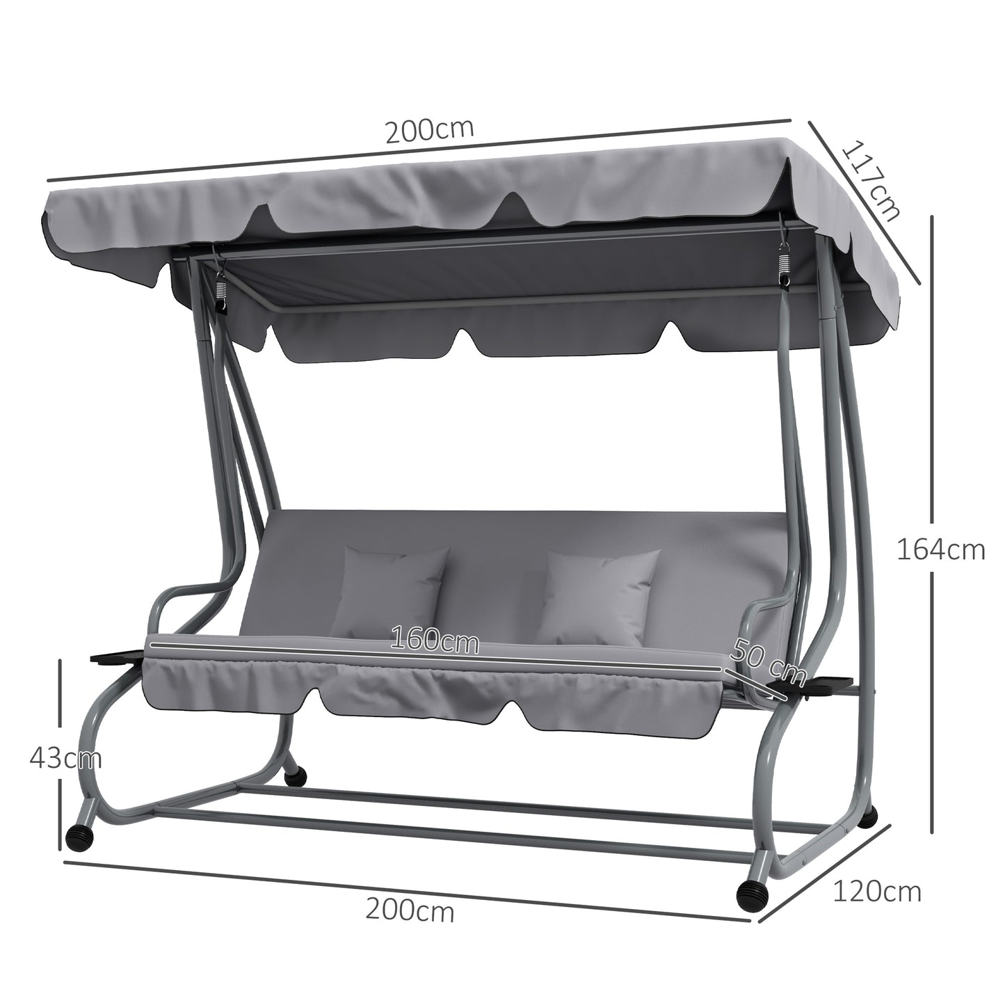 2-in-1 Garden Swing Chair for 3 Person w/ Adjustable Canopy, Grey