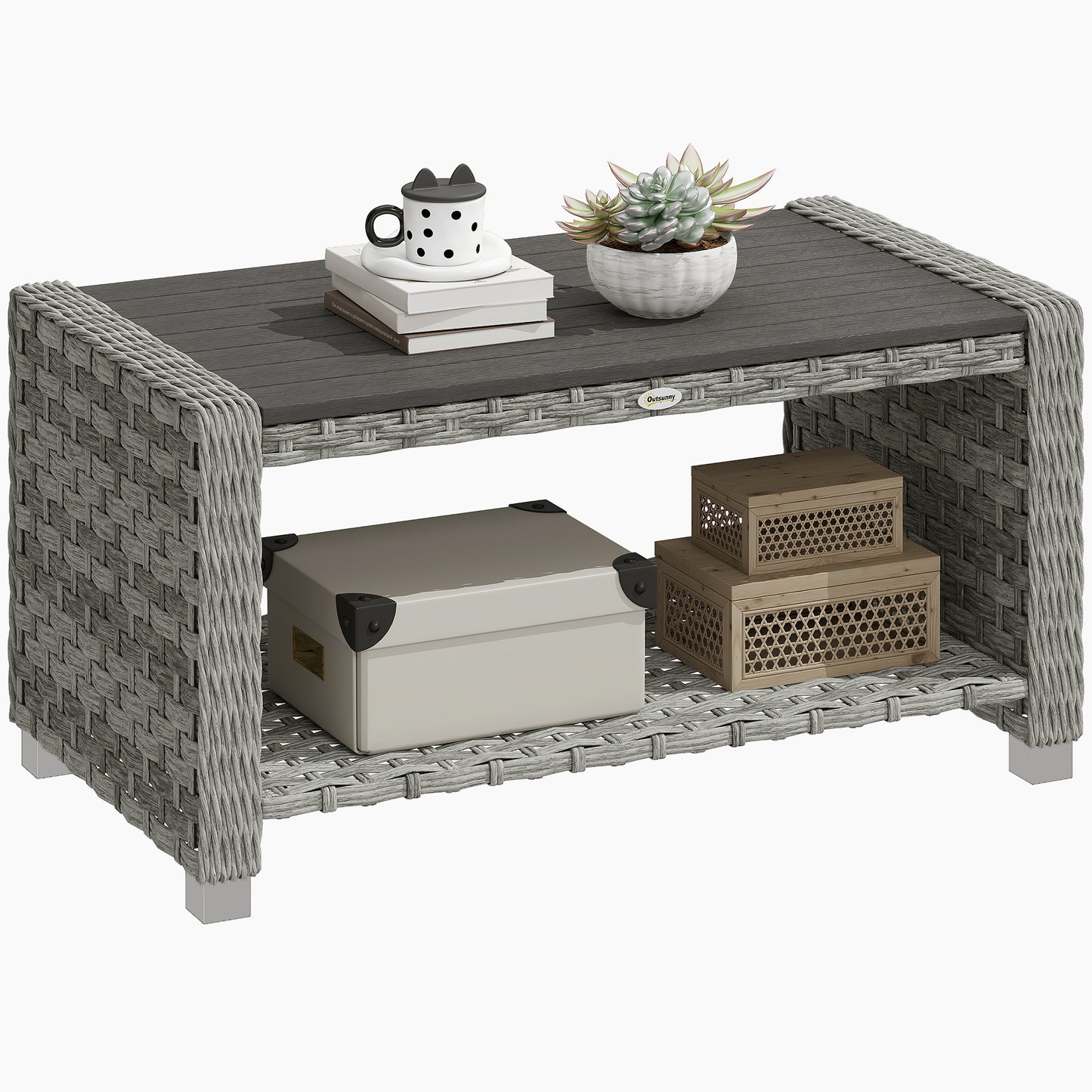 Outdoor Coffee Table with Storage Shelf and Slatted Top, Grey