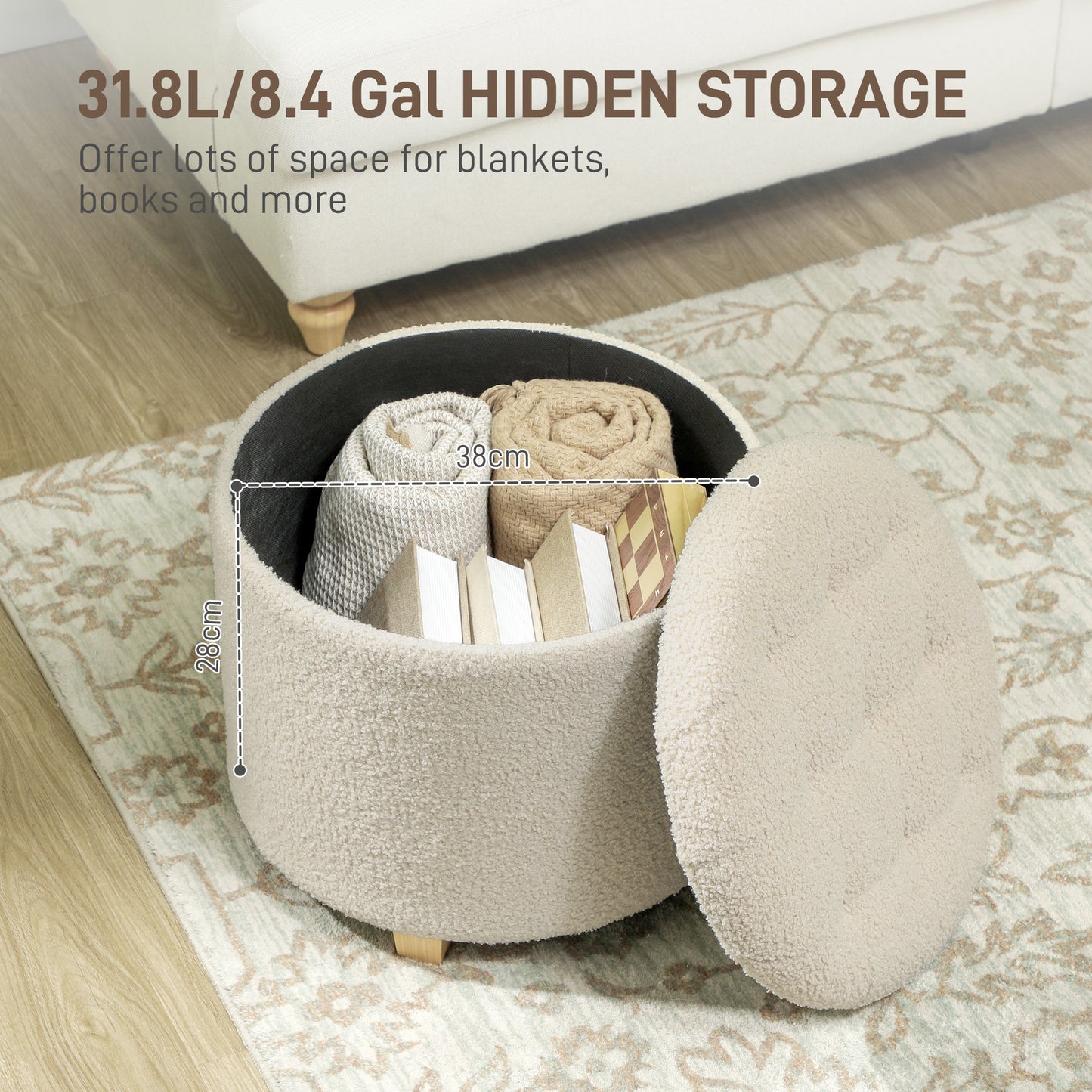 45cm Round Ottoman with Storage, Lid, Cashmere Footstool, Cream White