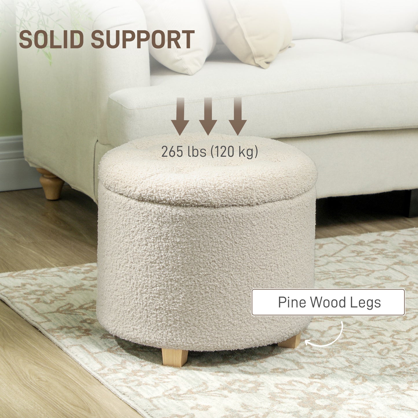 45cm Round Ottoman with Storage, Lid, Cashmere Footstool, Cream White