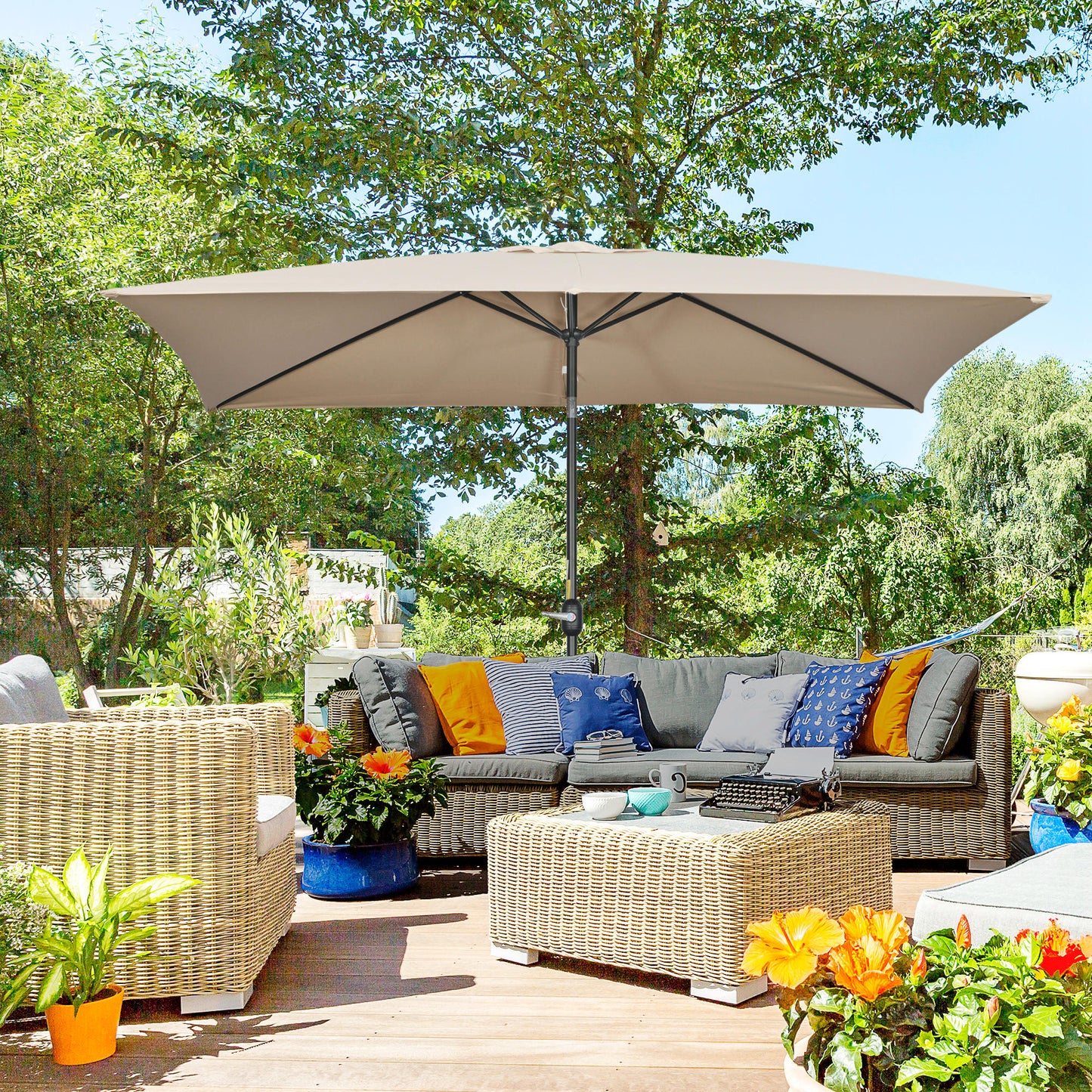 3x2m Patio Parasol Canopy Tilt Crank 6 Ribs Sun Shade Garden Khaki