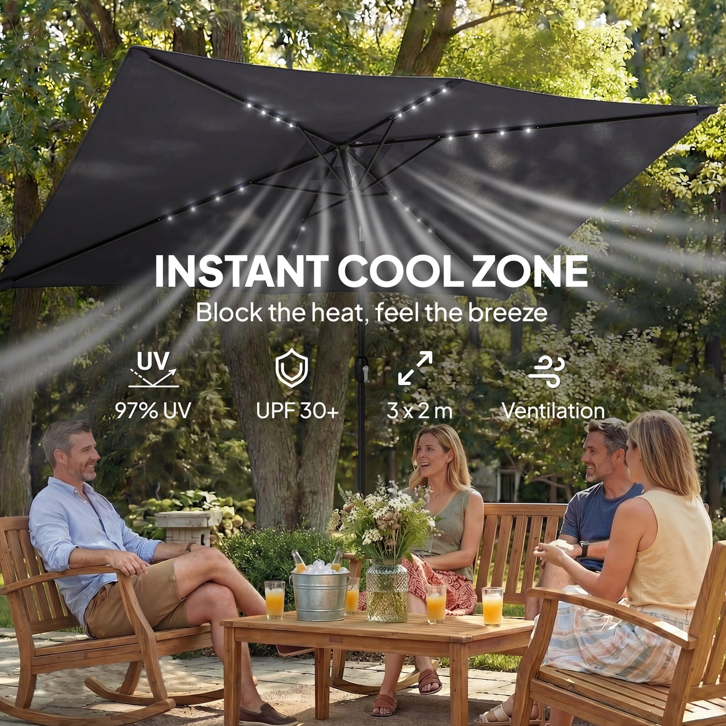 3 x 2 m Garden Parasol Umbrella with Light, Outdoor Patio Umbrella