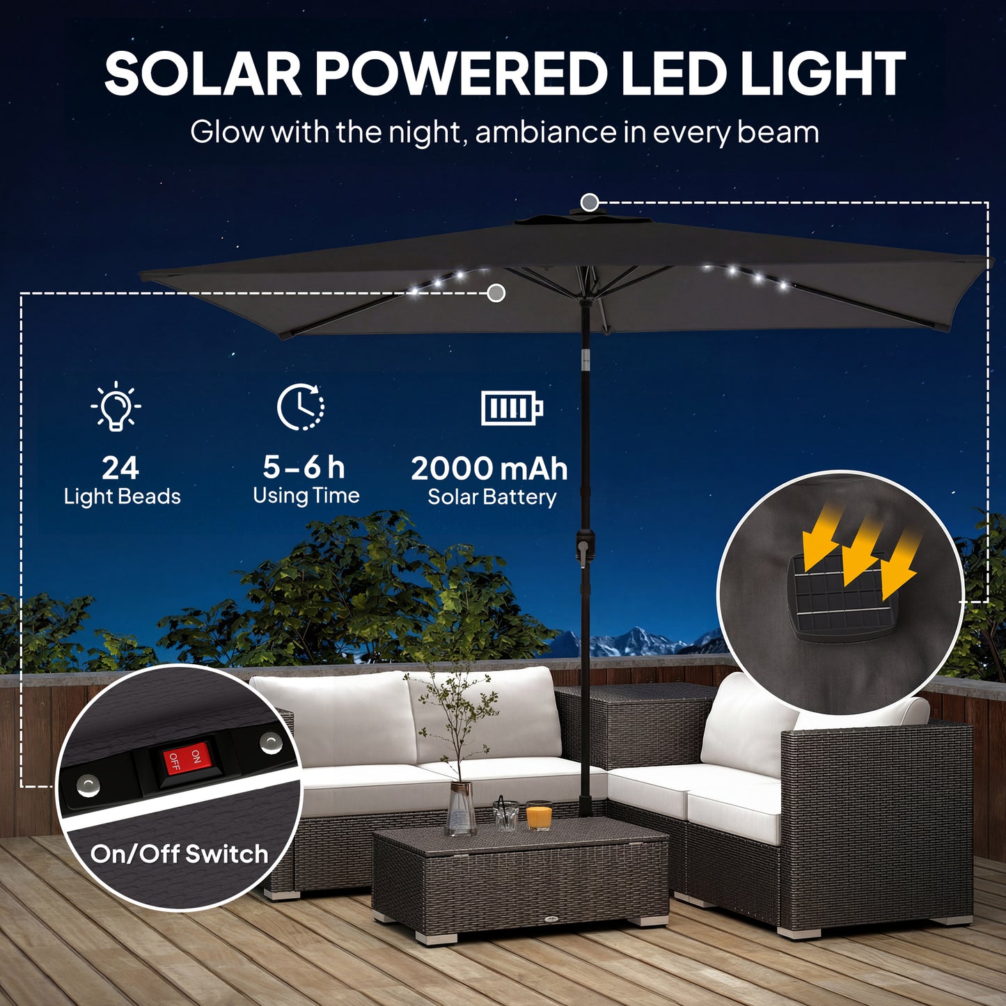 3 x 2 m Garden Parasol Umbrella with Light, Outdoor Patio Umbrella