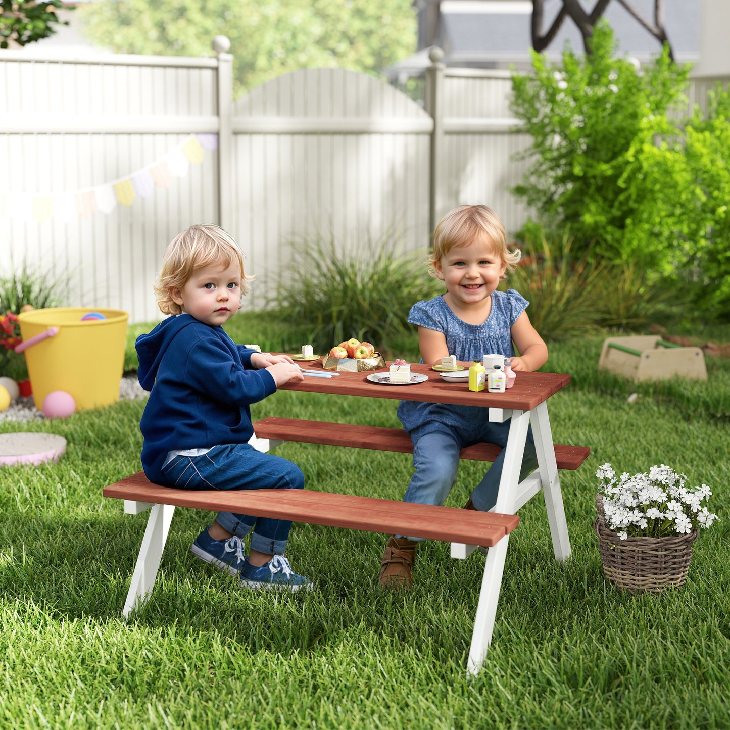 Kids Picnic Table, Wooden Table and Bench Set for 3-8 Years, Brown