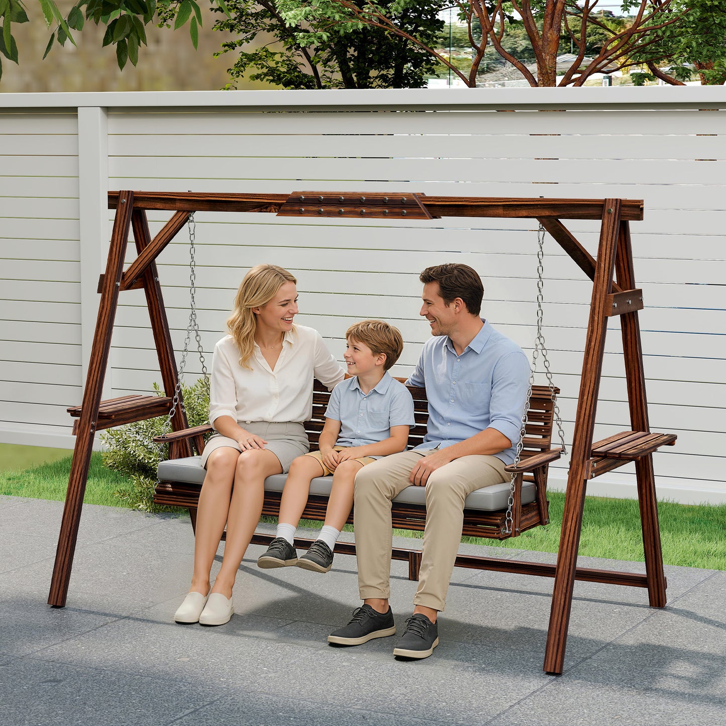 3 Seater Wooden Garden Swing Seat Chair with Side Trays and Cushion