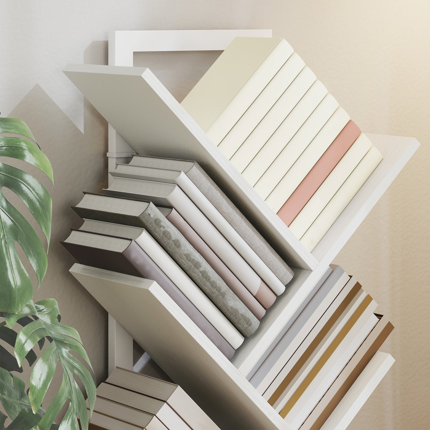 9-Tier Tree Bookshelf with Steel Frame for Living Room, White