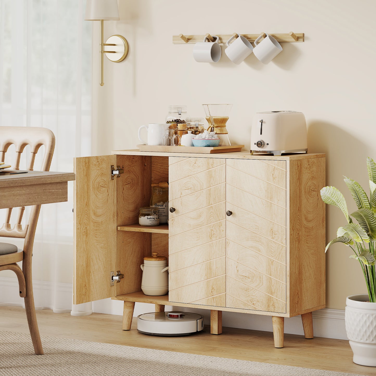 Vintage Sideboard Cabinet with 3 Chevron Doors, Natural Wood Finish