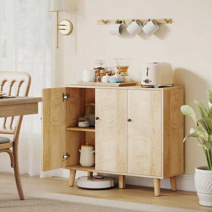 Vintage Sideboard Cabinet with 3 Chevron Doors, Natural Wood Finish