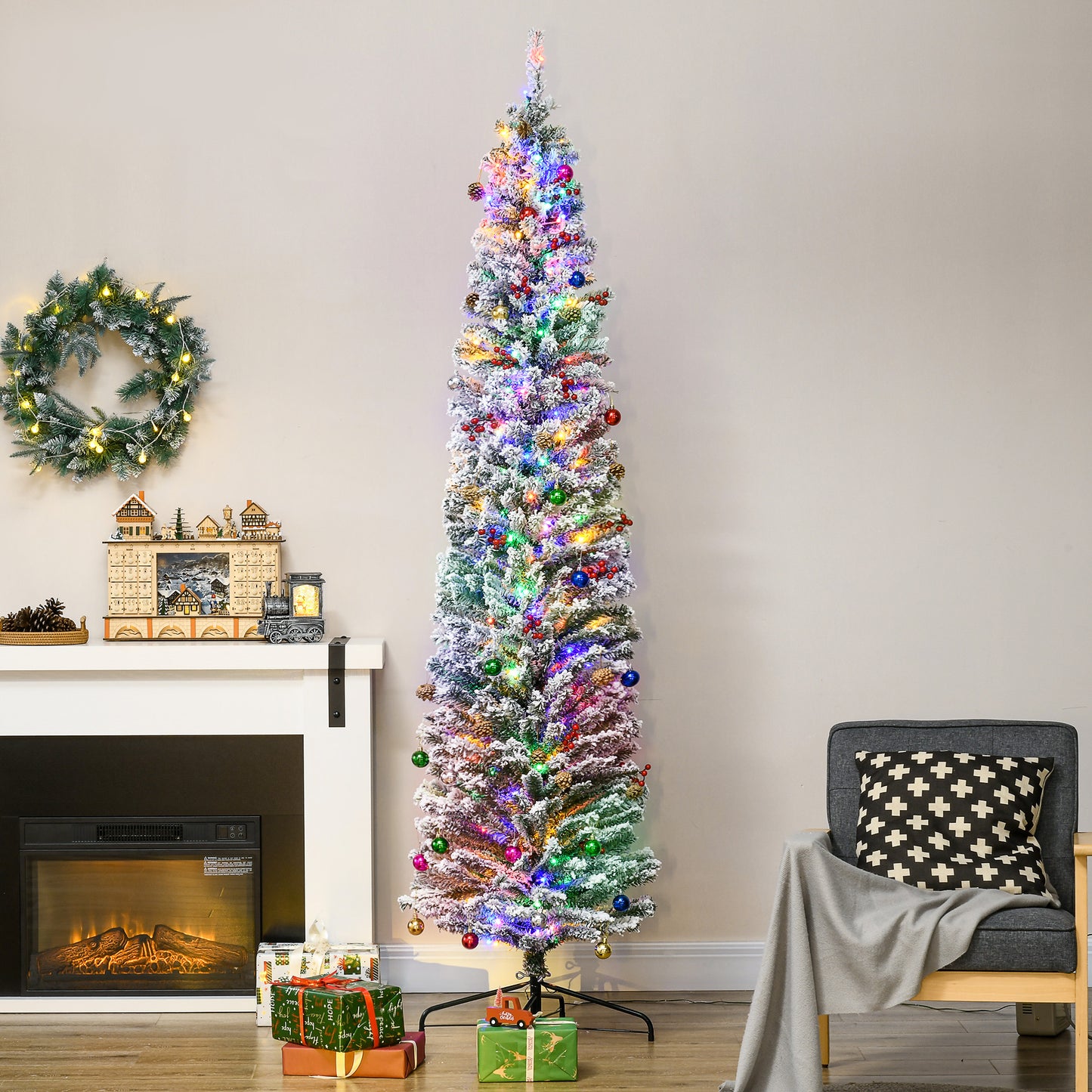 7.5' Artificial Christmas Tree with Flocked Tips, LED Lights, Decoration
