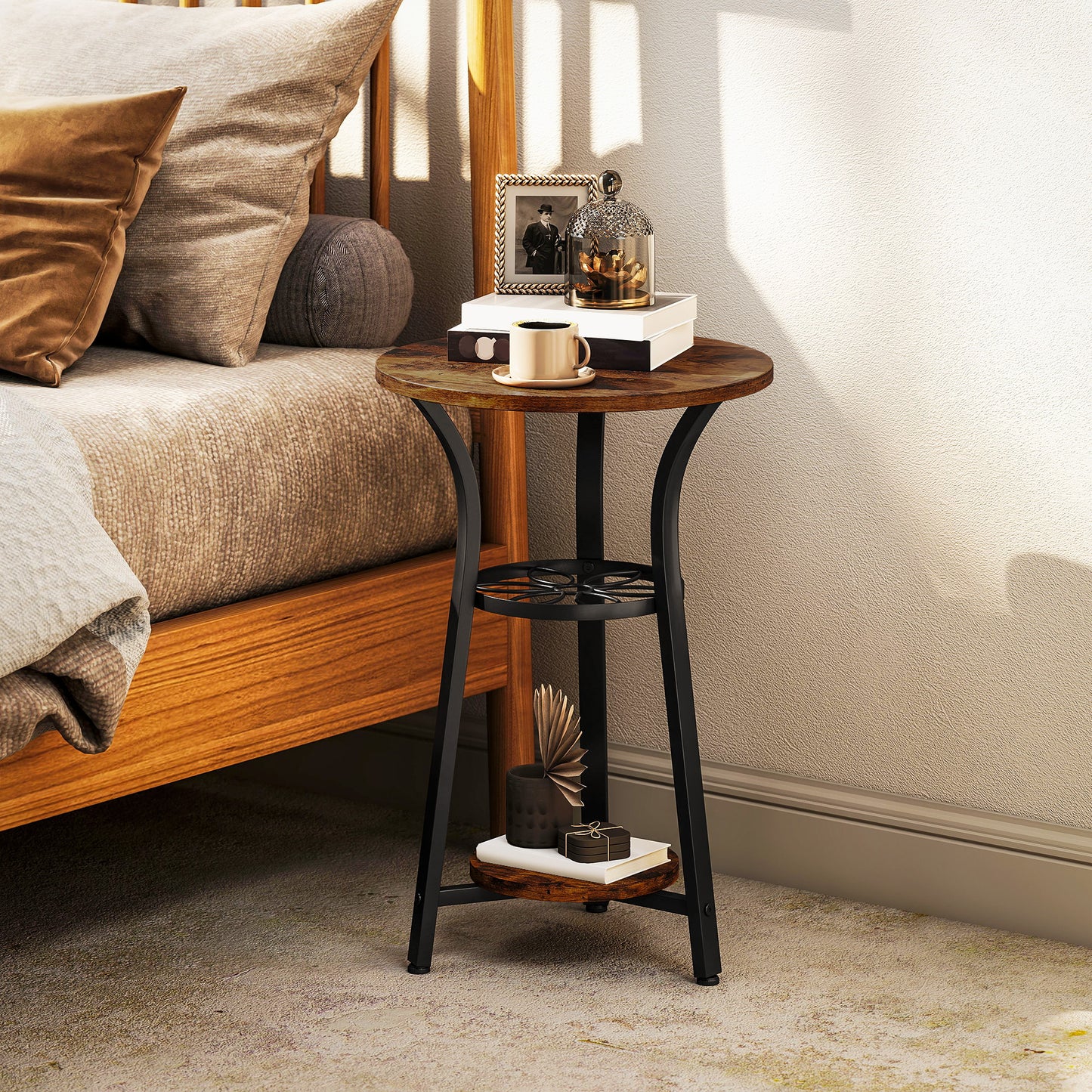 3-Tier Small End Table Industrial 38 cm Round Side Table Rustic Brown