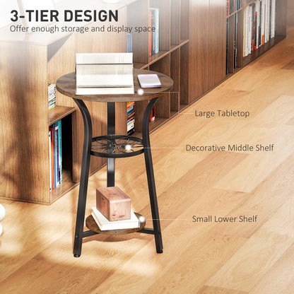 3-Tier Small End Table Industrial 38 cm Round Side Table Rustic Brown