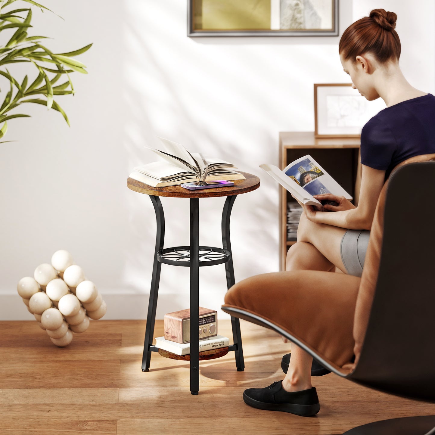 3-Tier Small End Table Industrial 38 cm Round Side Table Rustic Brown