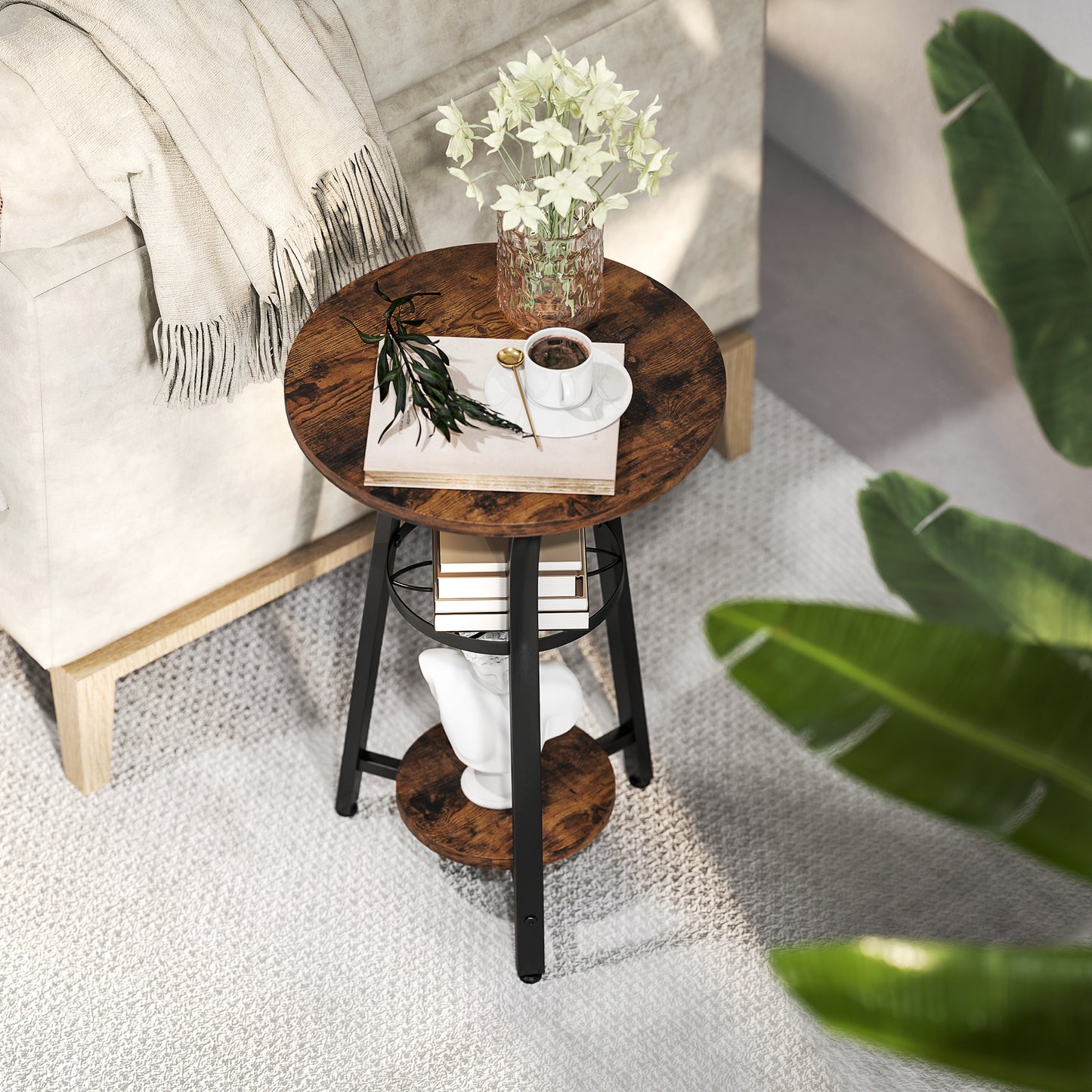 3-Tier Small End Table Industrial 38 cm Round Side Table Rustic Brown