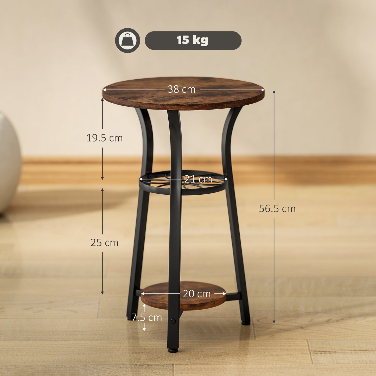 3-Tier Small End Table Industrial 38 cm Round Side Table Rustic Brown
