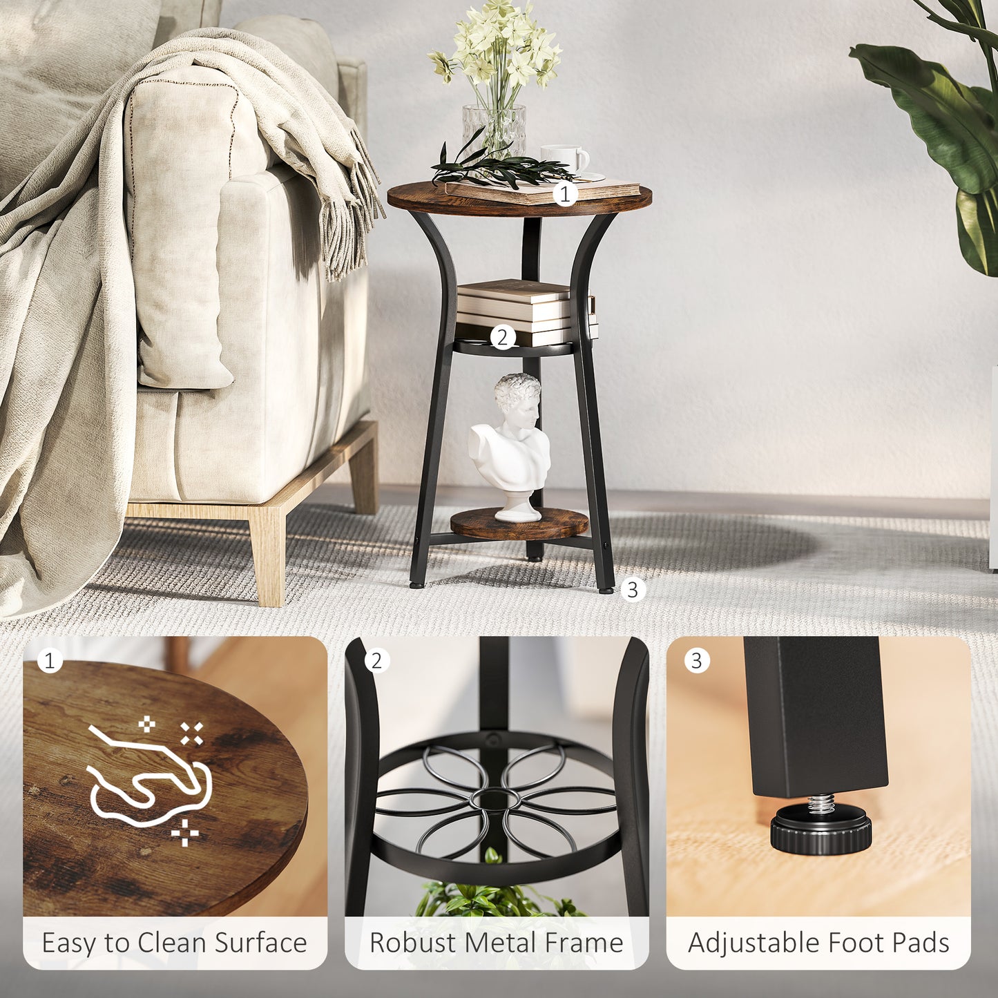 3-Tier Small End Table Industrial 38 cm Round Side Table Rustic Brown