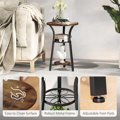 3-Tier Small End Table Industrial 38 cm Round Side Table Rustic Brown