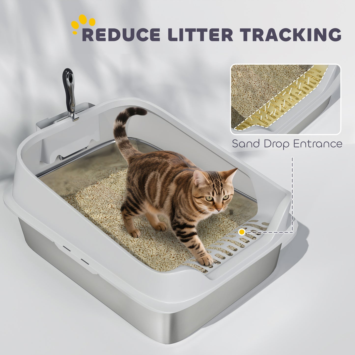 XL Stainless Steel Cat Litter Box with High Sides, 60 x 40 x 30 cm