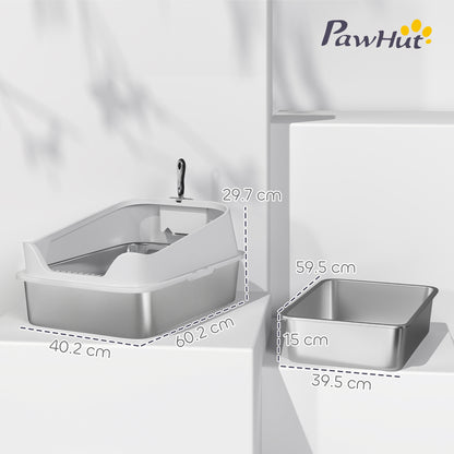 XL Stainless Steel Cat Litter Box with High Sides, 60 x 40 x 30 cm