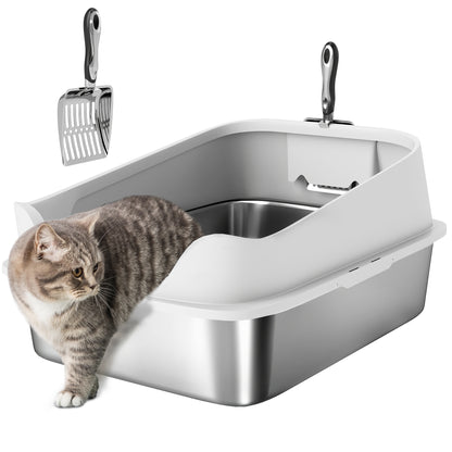 XL Stainless Steel Cat Litter Box with High Sides, 60 x 40 x 30 cm