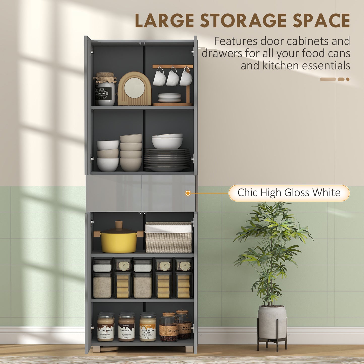 Kitchen Cupboard Storage Cabinet Push Open Doors and Drawers, Grey