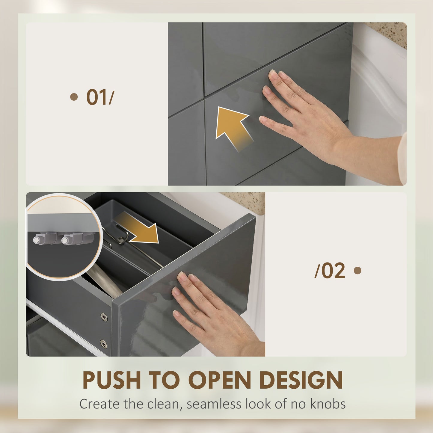 Kitchen Cupboard Storage Cabinet Push Open Doors and Drawers, Grey