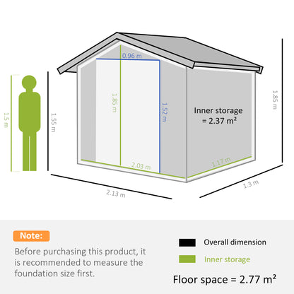 Lockable Garden Shed Large Patio Roofed Tool Metal Storage Building Foundation Sheds Box Outdoor Furniture, 7ft x 4ft, Grey