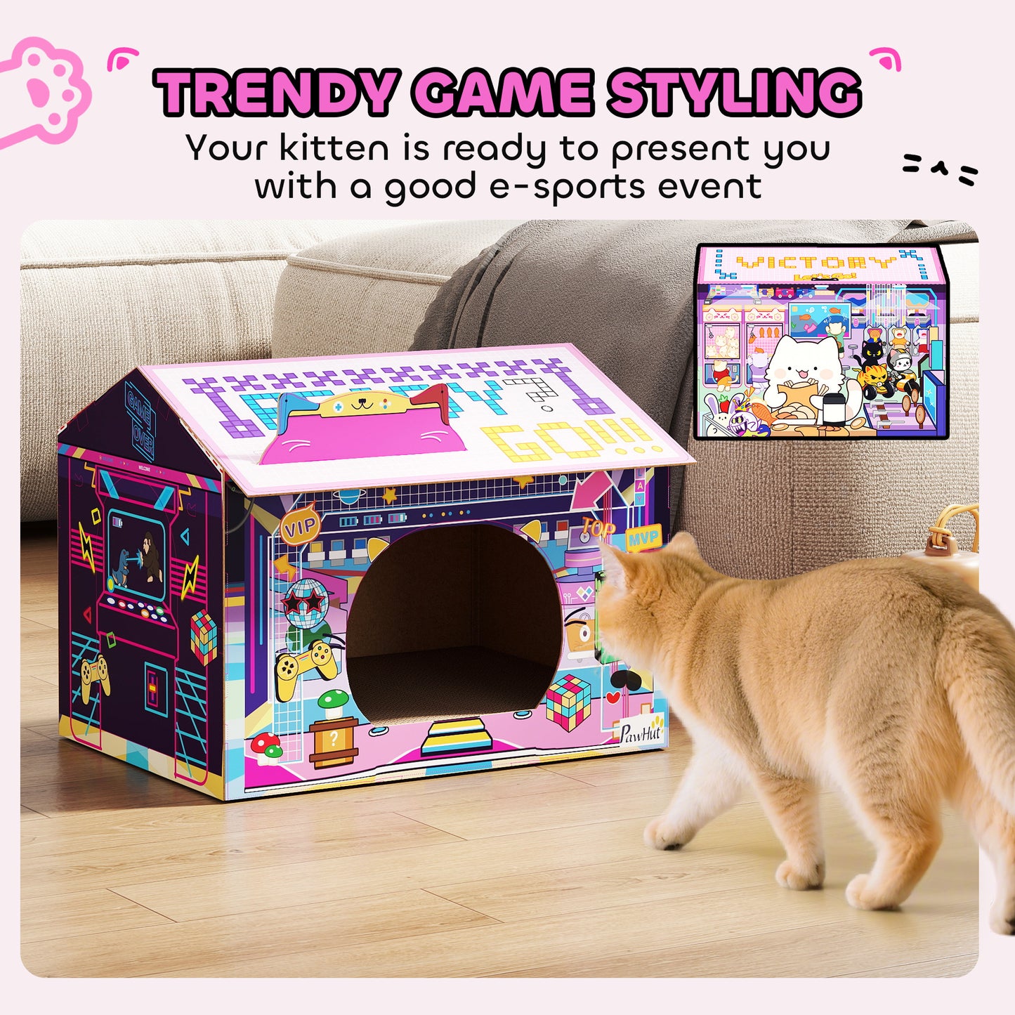 Cardboard Cat House with Scratching Board & Catnip, Gaming Style