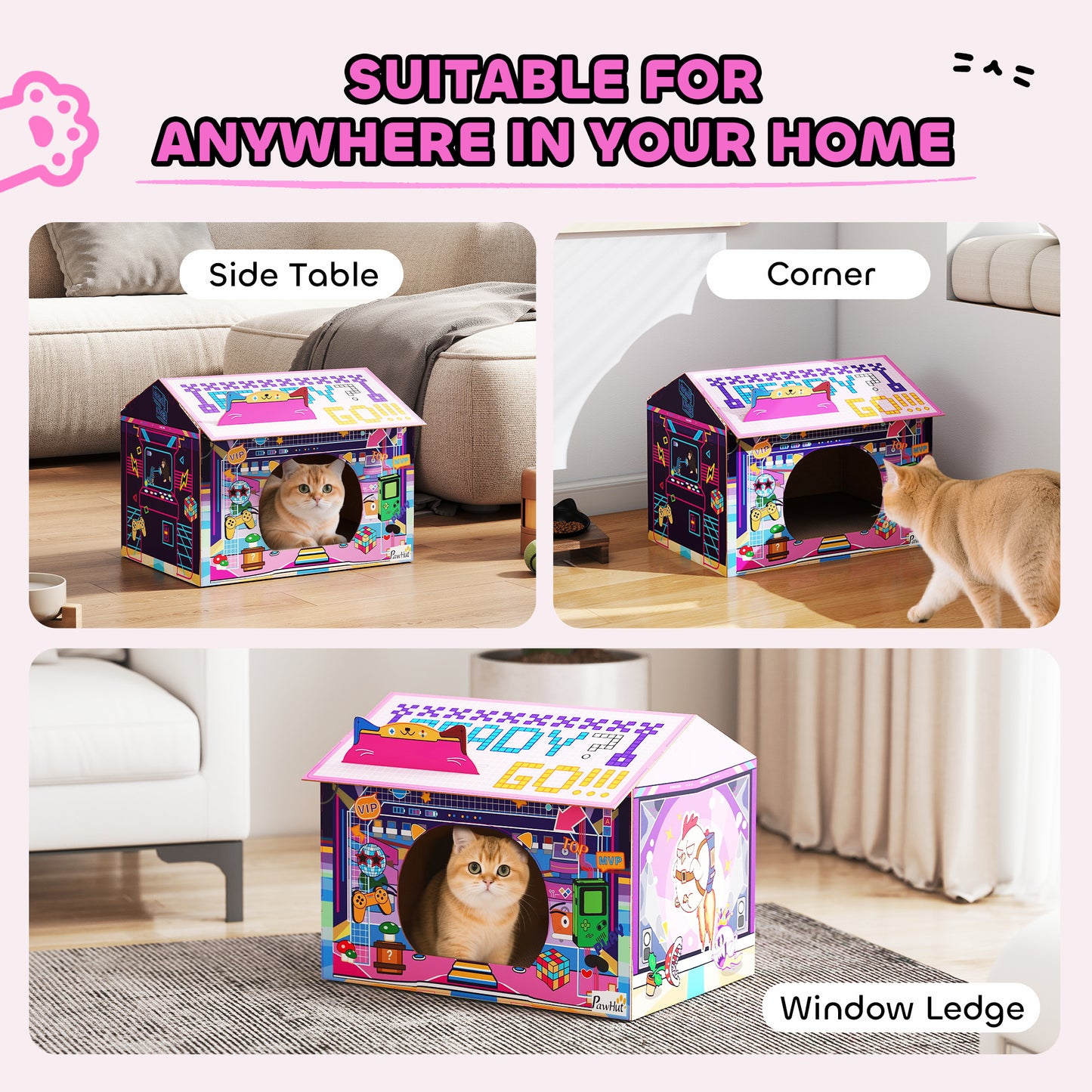 Cardboard Cat House with Scratching Board & Catnip, Gaming Style