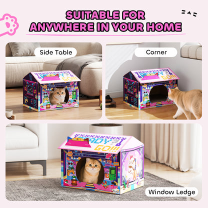 Cardboard Cat House with Scratching Board & Catnip, Gaming Style