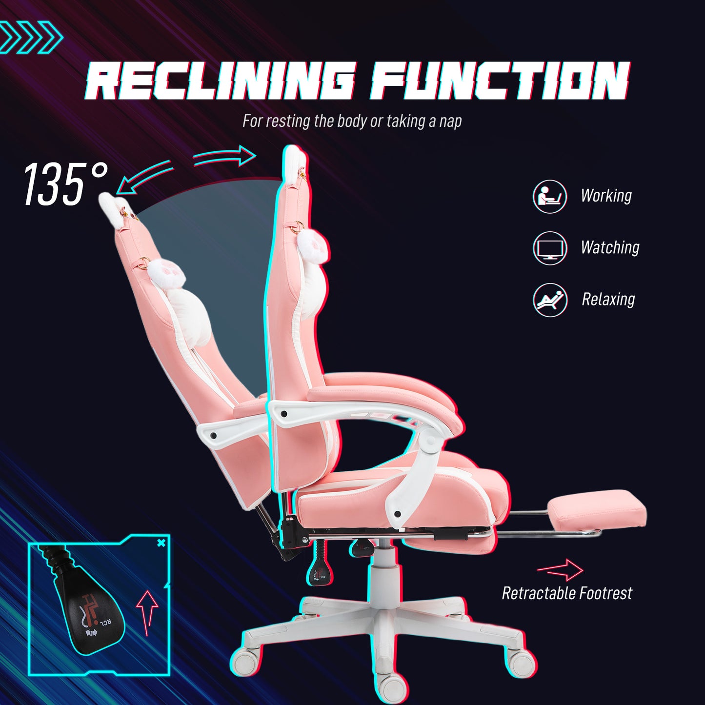 Gaming Chair with Footrest, Reclining Computer Chair, Pink