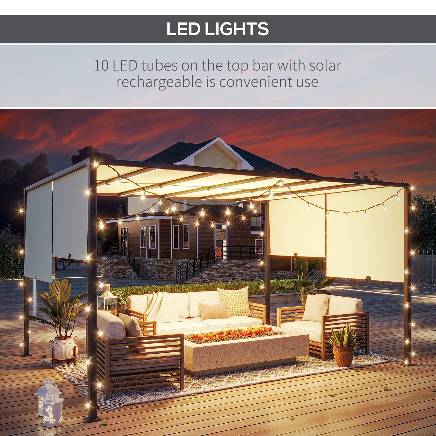 3 x 4m utdoor Garden Pergola with LED Lights Cream White
