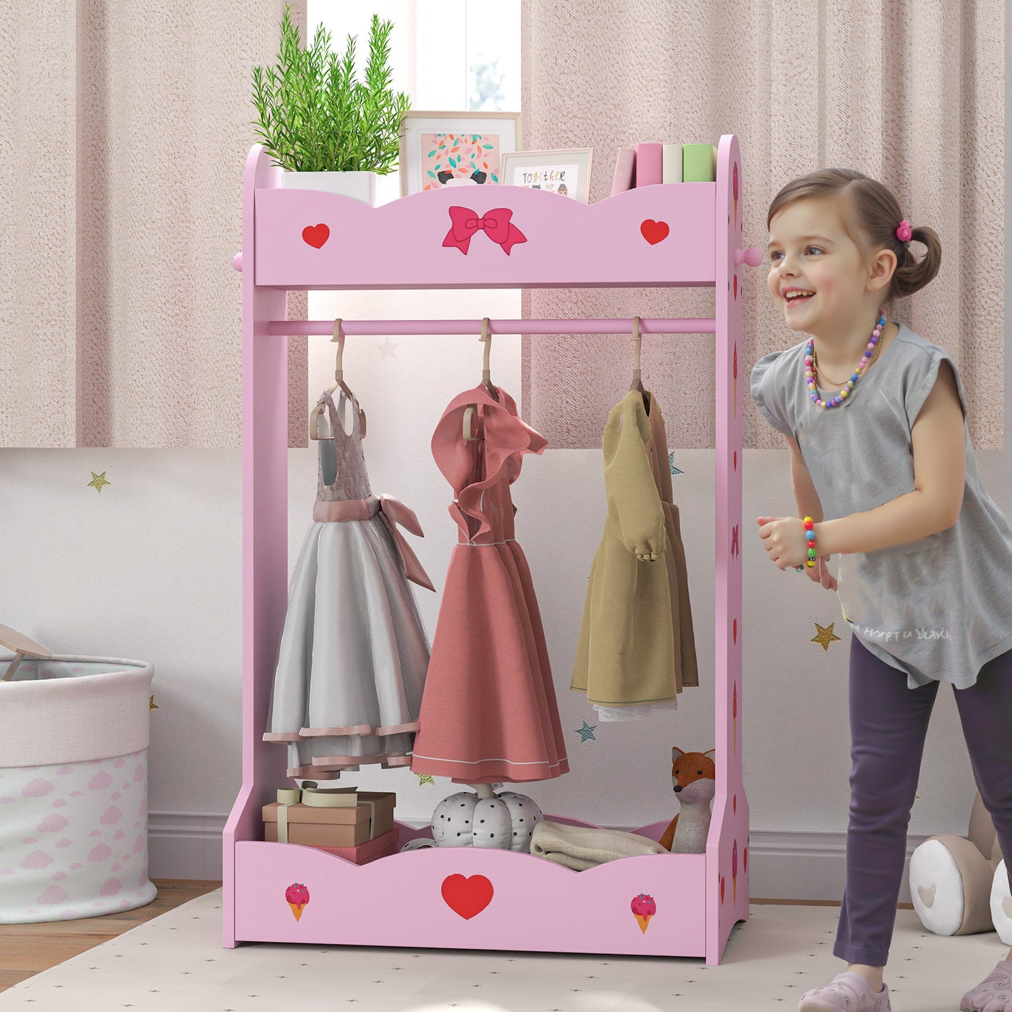 Kids Clothes Rail w/ Storage Shelves for Bedroom, Nursery, Hot Pink