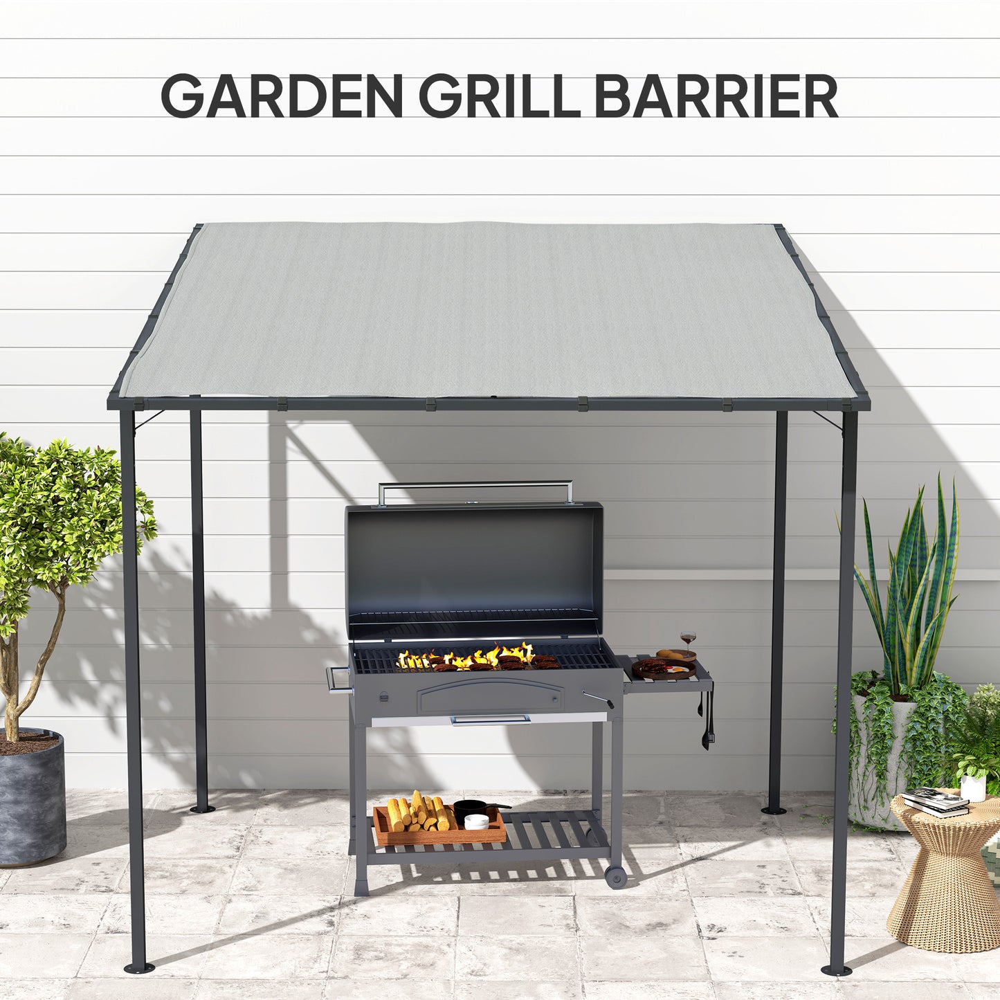 2.4 x 2.4 m Wall Mounted Pergola Gazebo, UPF30+, Light Grey