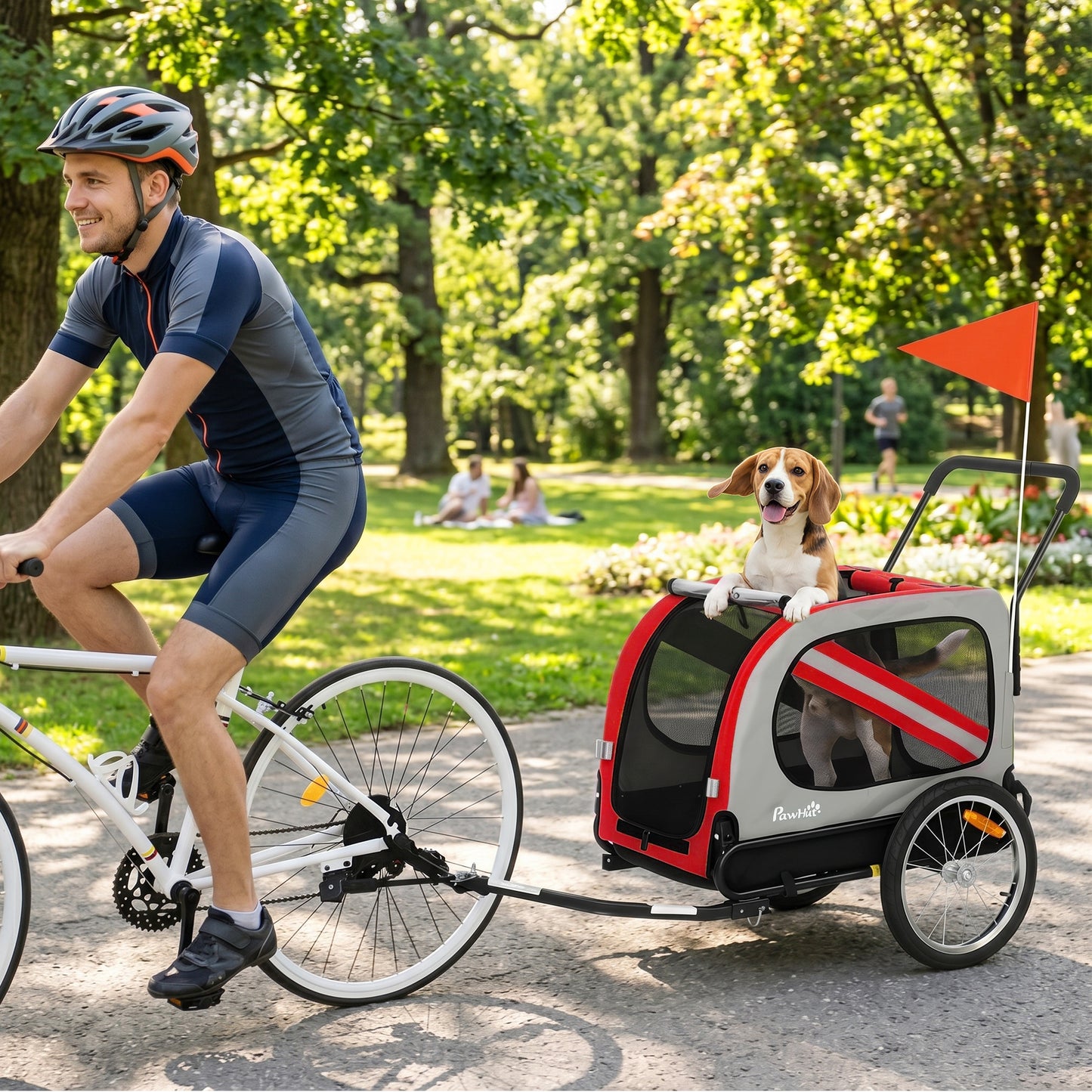 Dog Bike Trailer, 2 in 1 Foldable Pet Stroller Security Harness, Reflectors, Quick Release Wheels, Flag, for Medium Dogs, 134L x 60W x 101H cm, Red