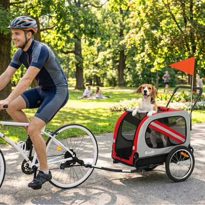 Dog Bike Trailer, 2 in 1 Foldable Pet Stroller Security Harness, Reflectors, Quick Release Wheels, Flag, for Medium Dogs, 134L x 60W x 101H cm, Red