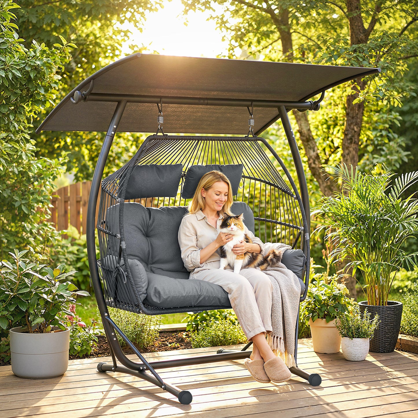 Double Hanging Egg Chair with Canopy, Egg Swing Chair, Dark Grey