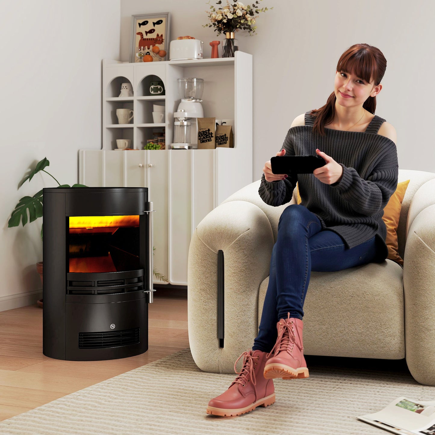 Fireplace Electric Heater Stove w/ Thermostat Control Black Freestanding