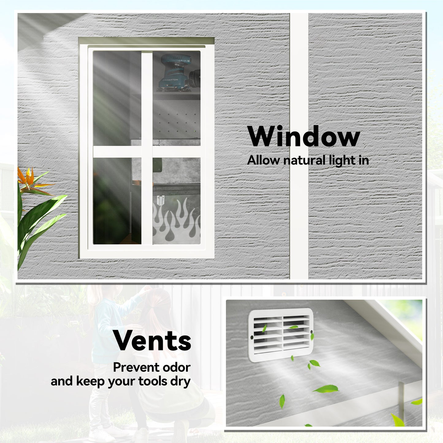 6 x 6ft Plastic Garden Shed with Floor, Window, Vents, Grey