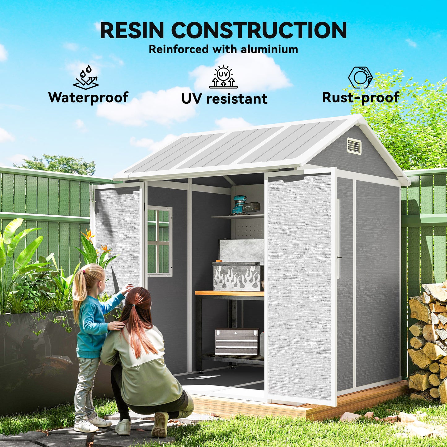 6 x 6ft Plastic Garden Shed with Floor, Window, Vents, Grey