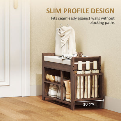 Shoe Bench with Cushioned Seat, Shoe Storage Bench with Side Holder and Boot Section, 2-Tier Natural Bamboo Entryway Rack for Hallway, Living Room, 80 x 30 x 50 cm, Dark Brown and Cream