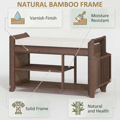 Shoe Bench with Cushioned Seat, Shoe Storage Bench with Side Holder and Boot Section, 2-Tier Natural Bamboo Entryway Rack for Hallway, Living Room, 80 x 30 x 50 cm, Dark Brown and Cream