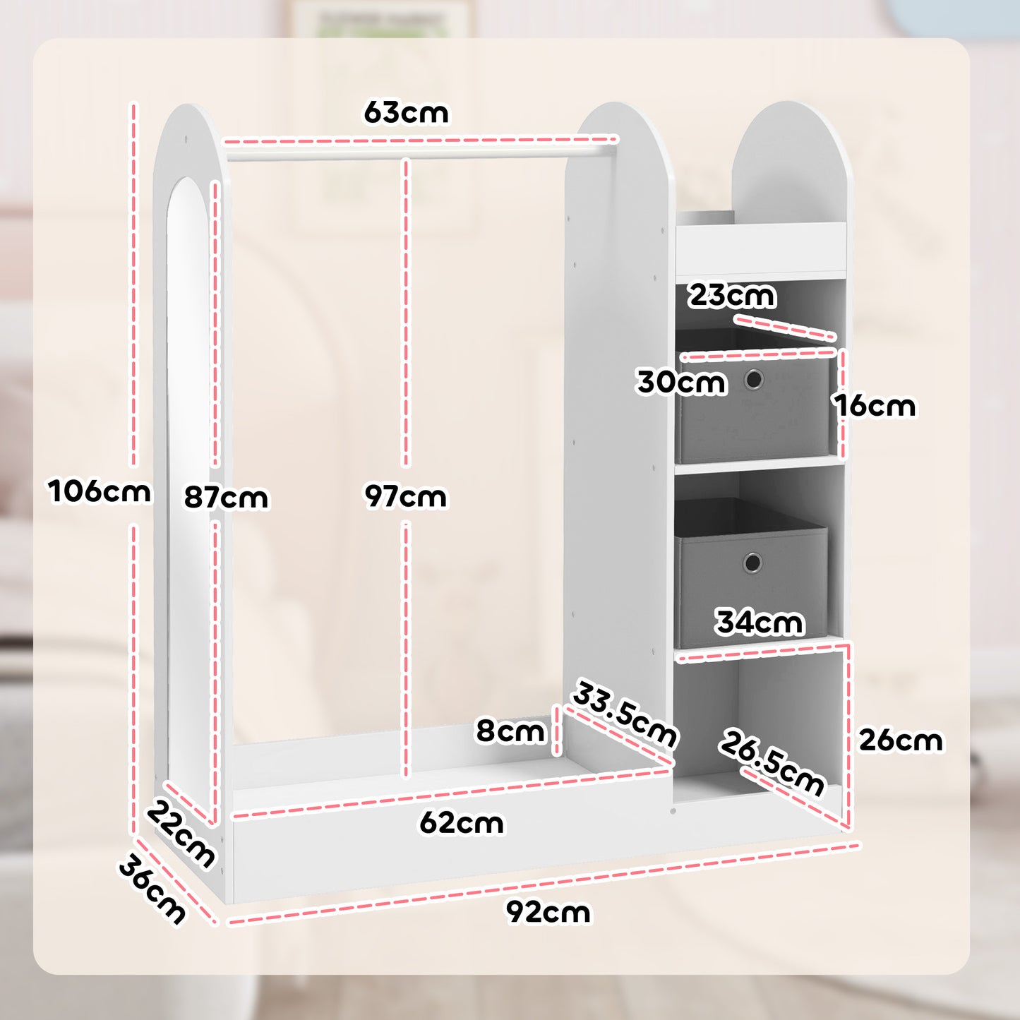 Kids Cloth Rail with Storage Shelf, Boxes, Mirror for Bedroom, White
