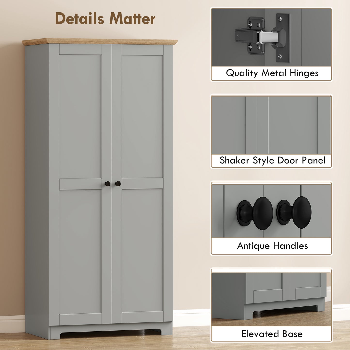 172cm Wooden Storage Cabinet Cupboard With 4 Shelves Grey
